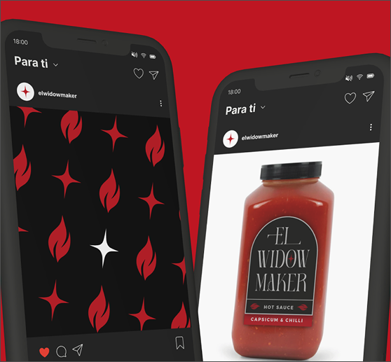 Mockup de dois smartphones com posts de instagram sobre o branding de El Widow Maker